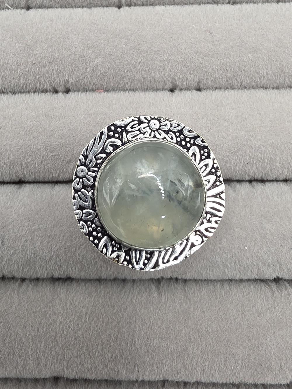 Silver Plated Floral-Edge Ring Size 8 1/4 with Prehnite Cabochon